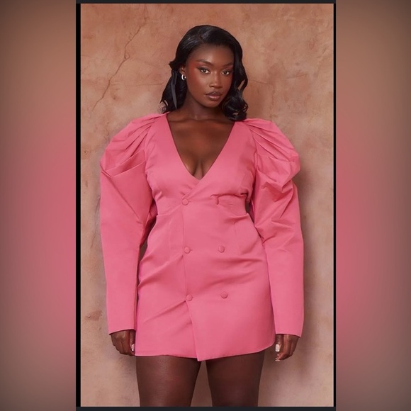 PrettyLittleThing Pink Puff Sleeve V-Neck Sheath Dress 22W NWT barbie pastel fem - Picture 1 of 8